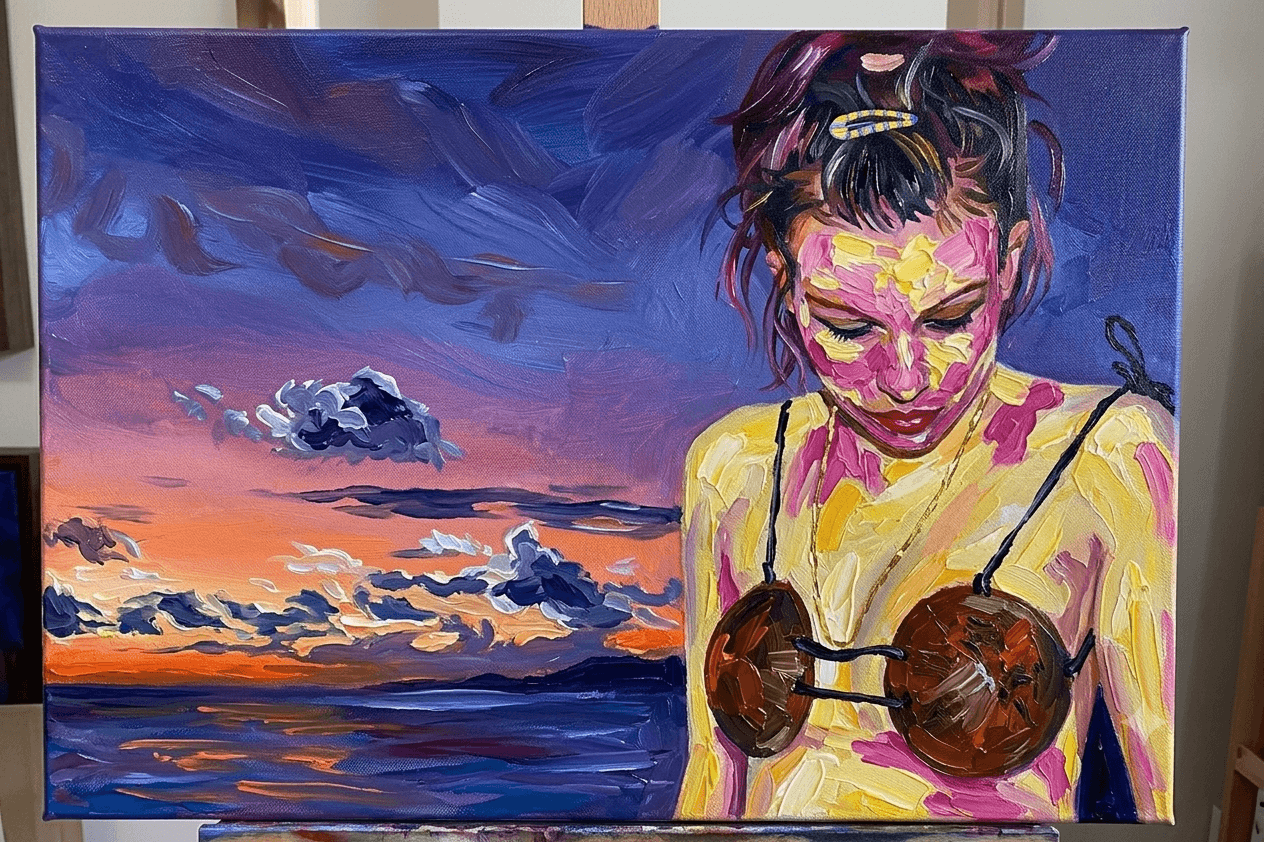 Painted portrait on canvas at Kauaʻi sunset — Hapa Art