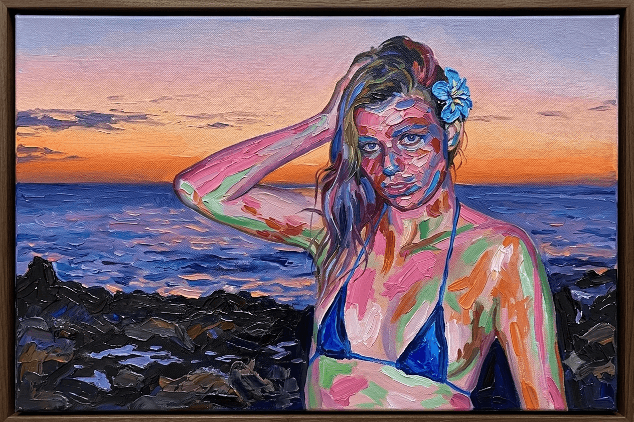 Painted portrait at ocean rocks at sunset — Hapa Art